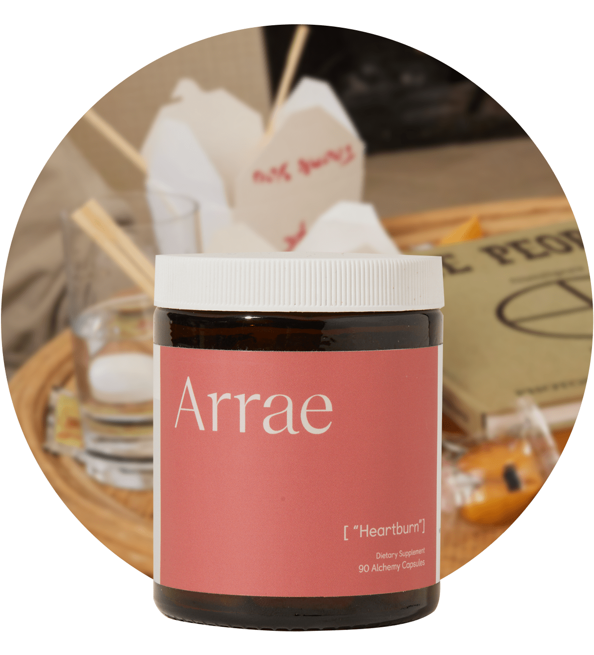 Arrae Heartburn Supplement - A bottle of 90 capsules containing natural ingredients, designed to prevent heartburn and acid reflux in the moment and target the root cause for long-term relief.