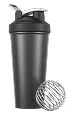 Black shaker bottle with a mesh ball on a black background