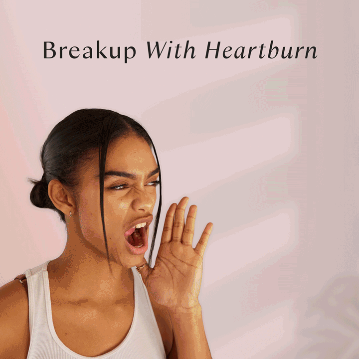 Gif - Woman with animated fire coming out of mouth, then switches to a bottle of Arrae Heartburn