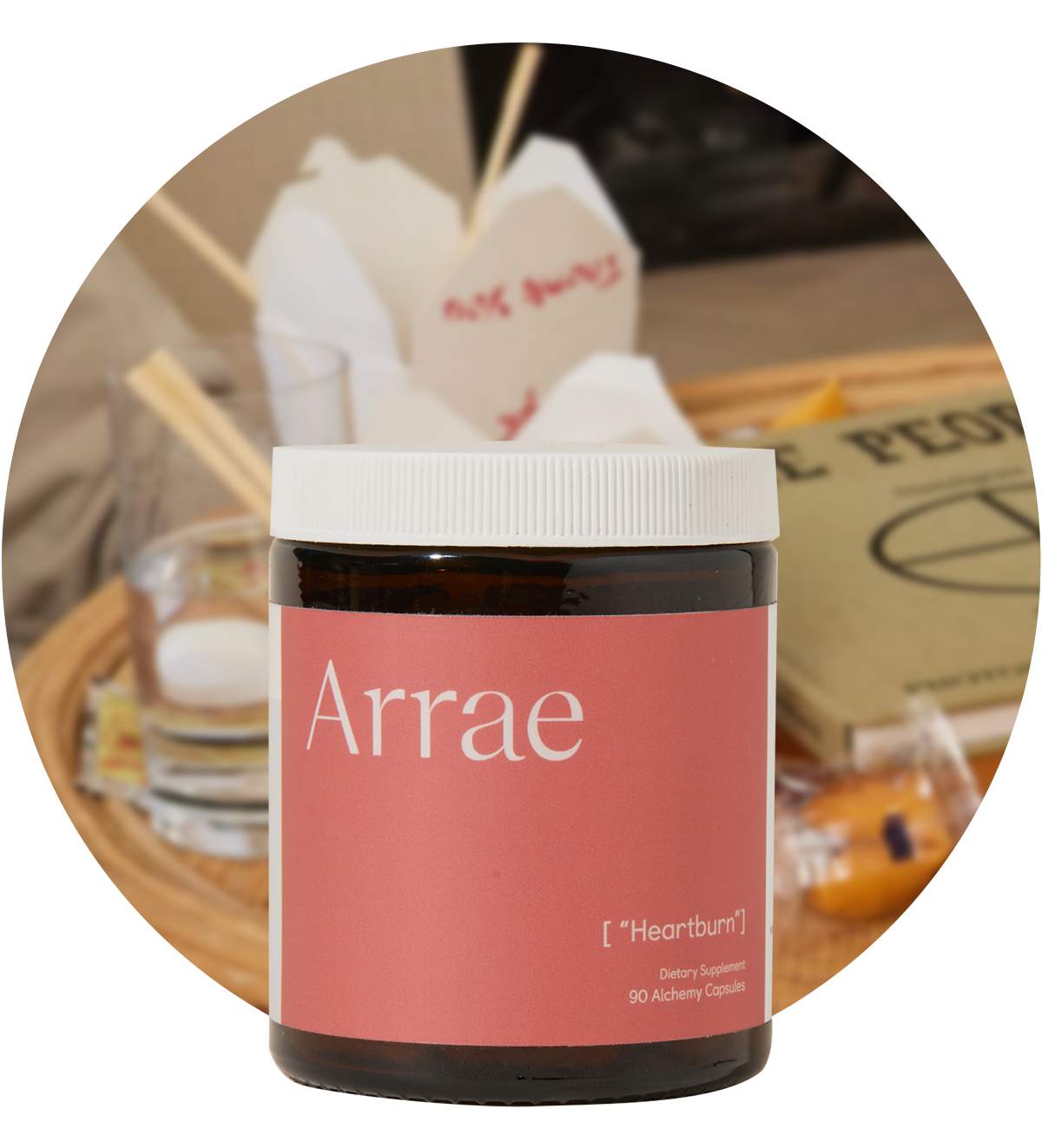 Arrae Heartburn Supplement - A bottle of 90 capsules containing natural ingredients, designed to prevent heartburn and acid reflux in the moment and target the root cause for long-term relief.