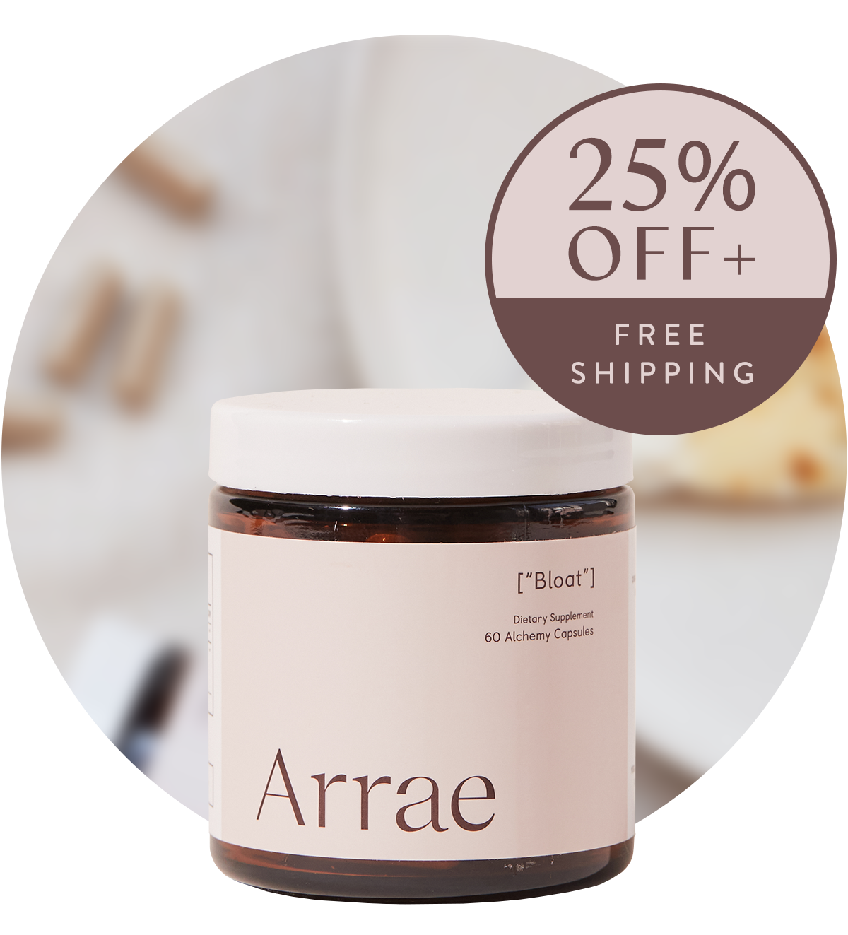 Arrae Bloat Supplement - A bottle of 60 capsules with natural ingredients, designed to support digestive health and reduce bloating.