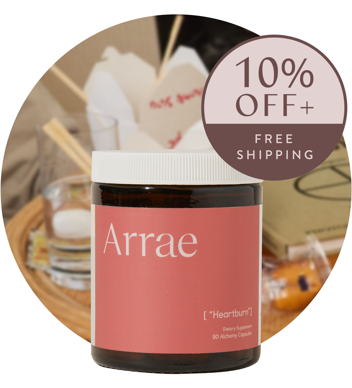 Arrae Heartburn Supplement - A bottle of 90 capsules containing natural ingredients, designed to prevent heartburn and acid reflux in the moment and target the root cause for long-term relief.