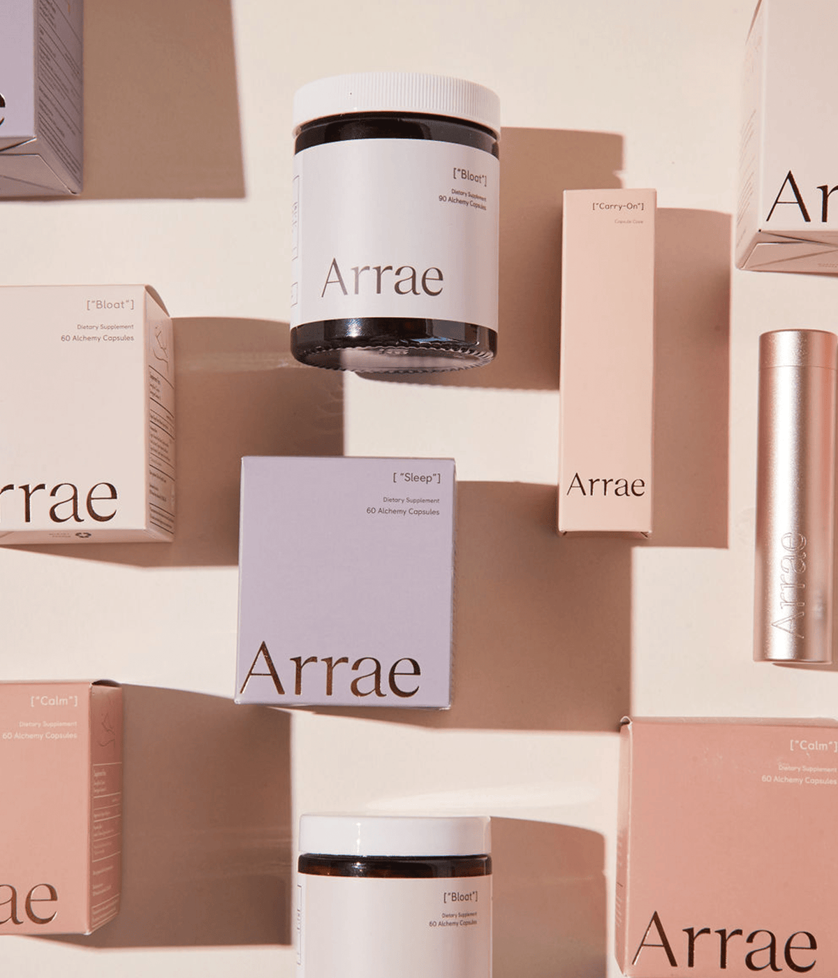 A collection of Arrae Bloat, Sleep, Calm & Carry-on Capsule Case