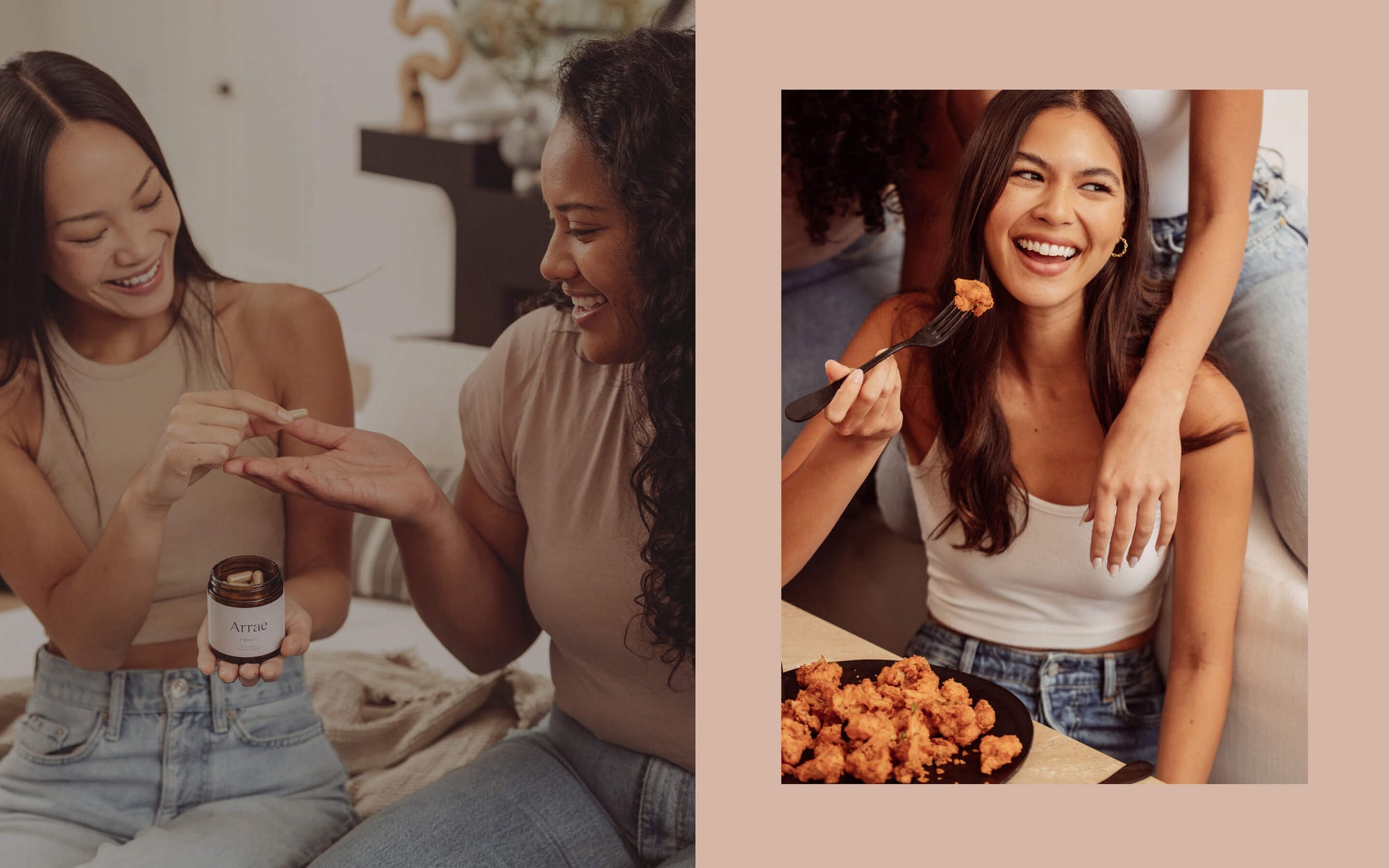 A woman shares an arrae capsule with her friend, in a second phot a woman eats something crispy from a plate with a fork