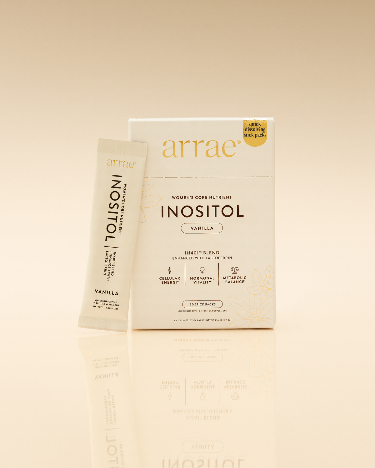




Arrae Inositol Vanilla dietary supplement packaging, featuring a cream-colored box and a matching single-serve packet standing in front, on a warm beige reflective surface.