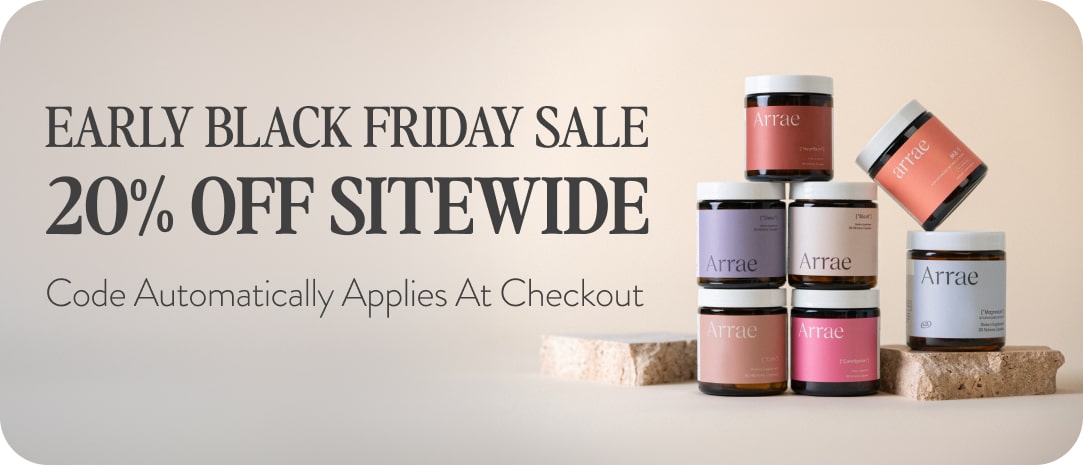 The image features a promotional banner for an **Early Black Friday Sale** offering **20% off sitewide** with the code automatically applied at checkout. Several Arrae supplement jars are stacked in the foreground, displaying various product labels such as **Heartburn, Sleep, MB-1, Bloat, Magnesium**, and others.
