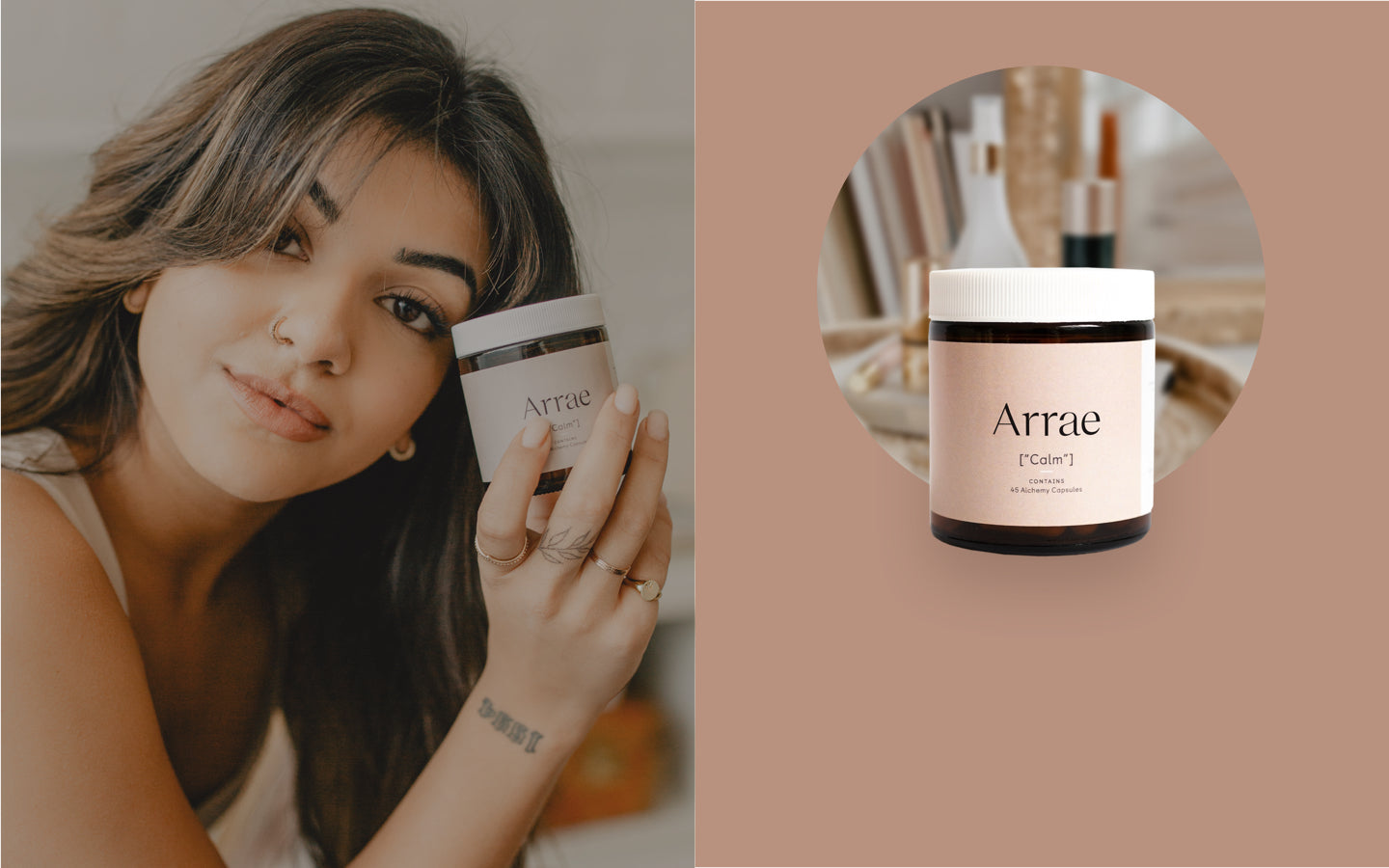 A woman holding Arrae Calm, and an image of Arrae Calm - A bottle of 60 capsules featuring a blend of natural ingredients, formulated to promote relaxation and reduce stress and anxiety