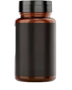 Brown glass bottle with a black cap on a gray background
