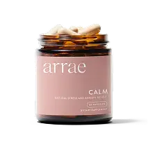Jar of arrae Calm with pink label on white background