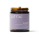 Candle in a glass jar labeled 'arrae Sleep' on a white background