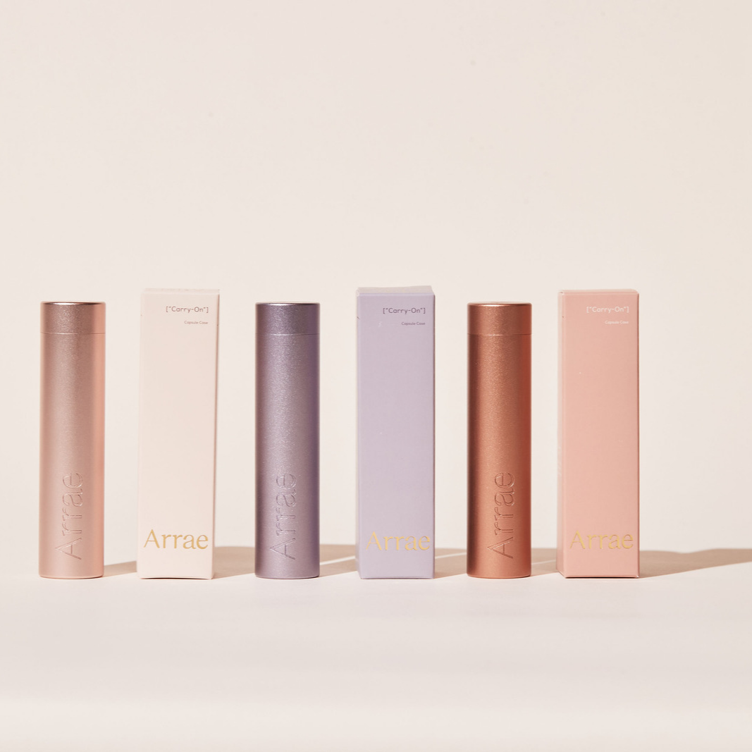 Arrae Carry-On Capsule Case Trio - 3 compact and durable tube-shaped travel cases designed to store up to 10 Arrae Capsules each.