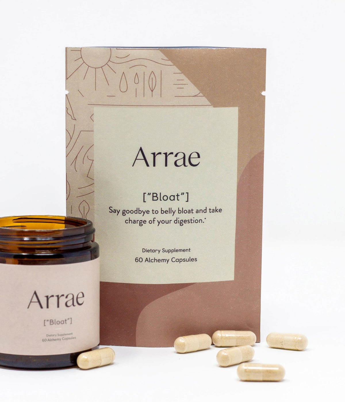 Arrae Bloat Supplement - A bottle of 60 capsules & compostable bag with natural ingredients, designed to support digestive health and reduce bloating. 