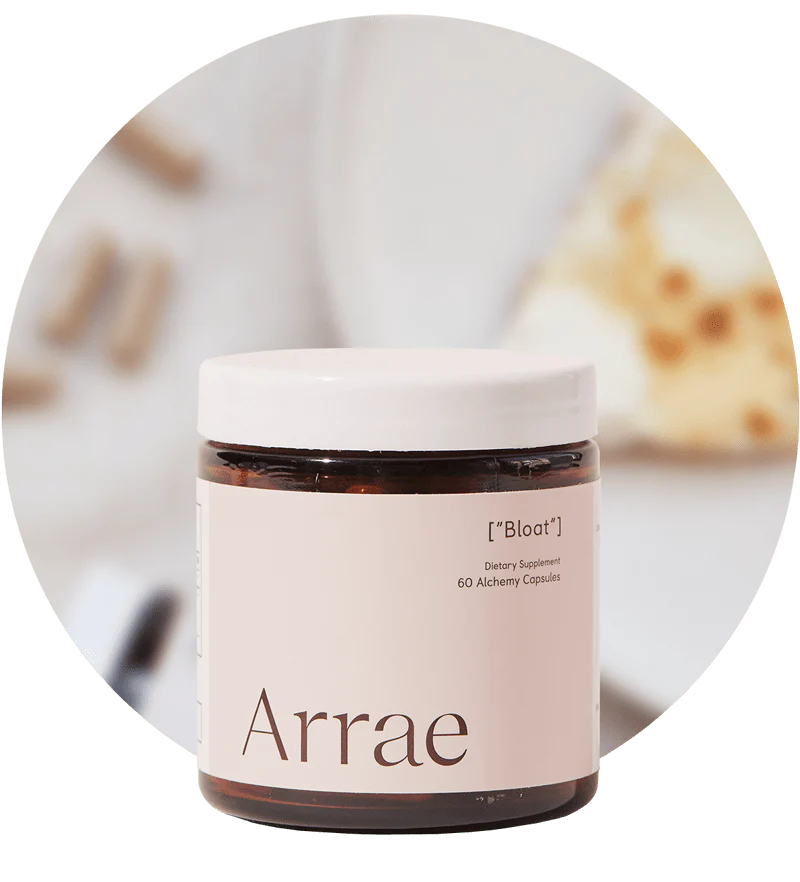 Arrae Bloat Supplement - A bottle of 60 capsules with natural ingredients, designed to support digestive health and reduce bloating.