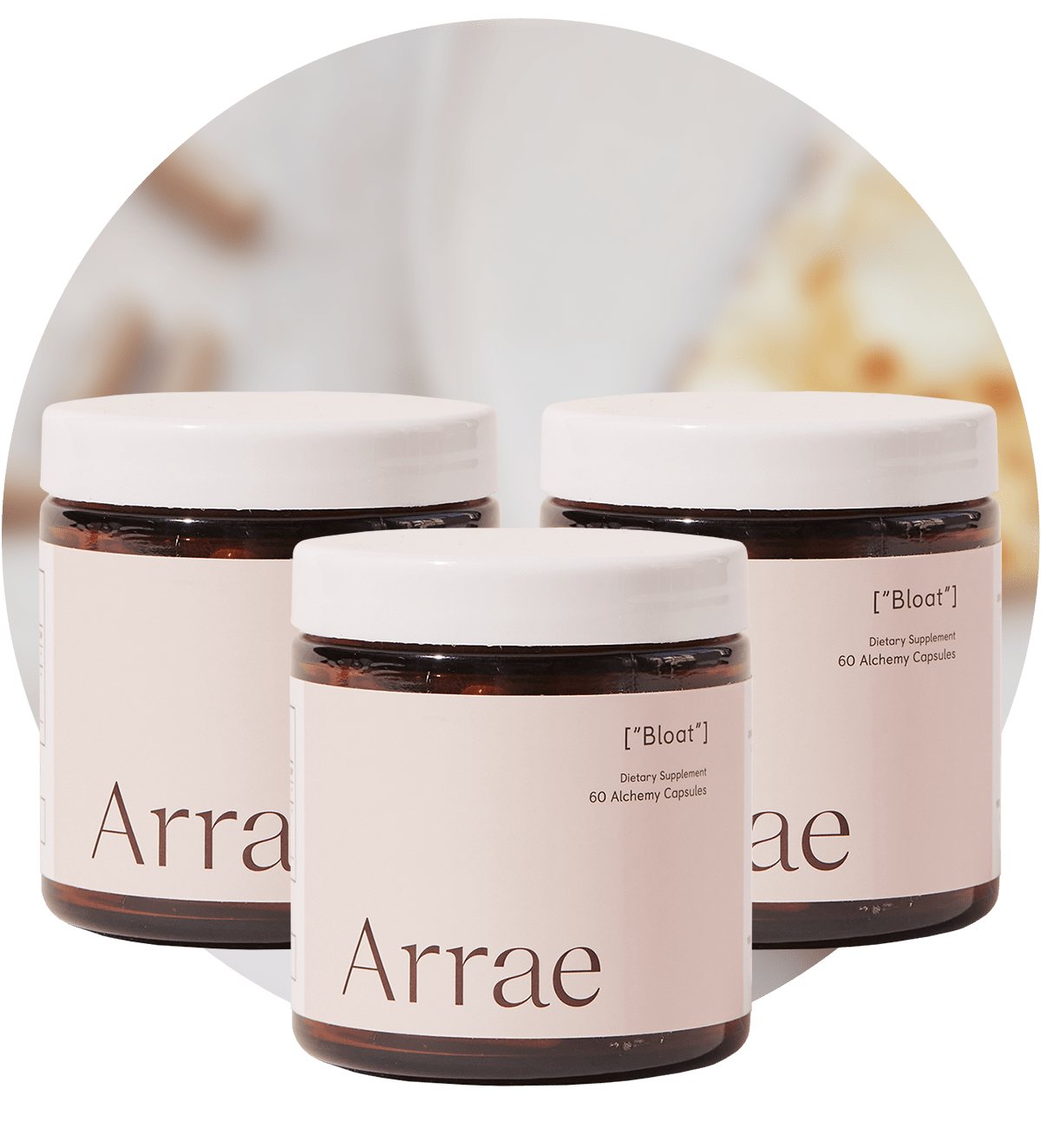 Arrae Bloat Supplement - Three jars of 60 capsules with natural ingredients, designed to support digestive health and reduce bloating