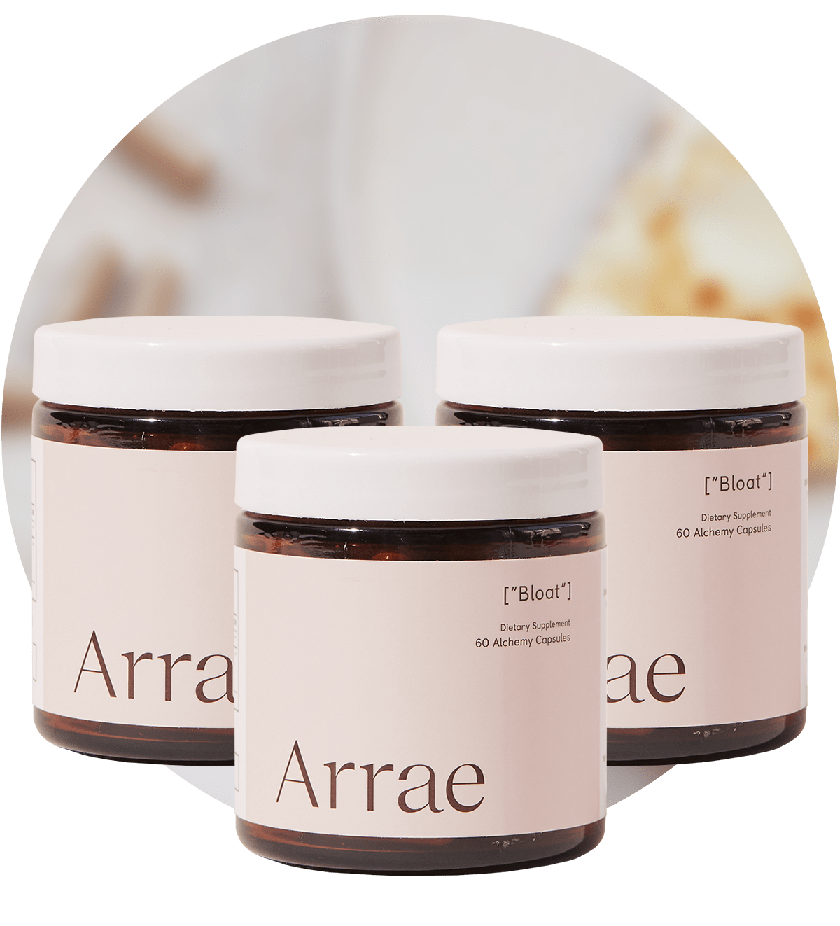




Arrae Bloat Supplement -  3 bottles of 60 capsules with natural ingredients, designed to support digestive health and reduce bloating.
