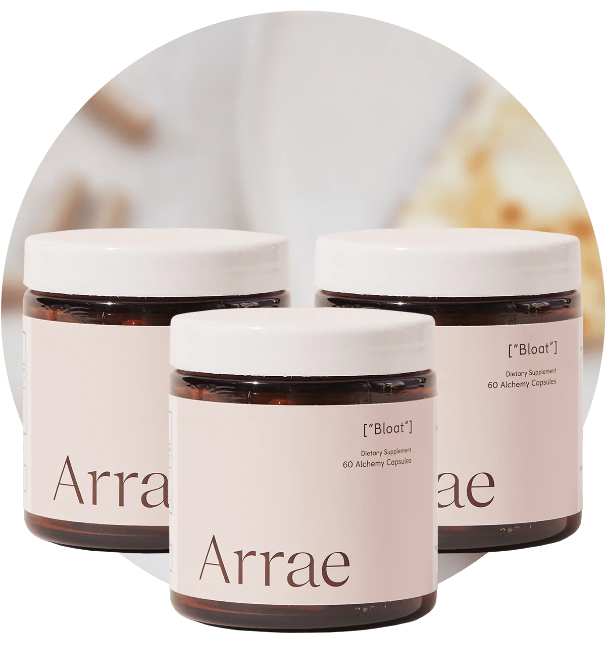Arrae Bloat Supplement -3 bottles of 60 capsules with natural ingredients, designed to support digestive health and reduce bloating.