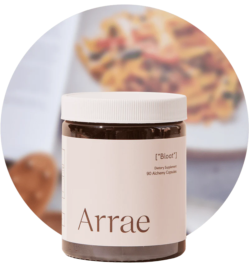 Arrae Bloat Supplement - A bottle of 90 capsules with natural ingredients, designed to support digestive health and reduce bloating.
