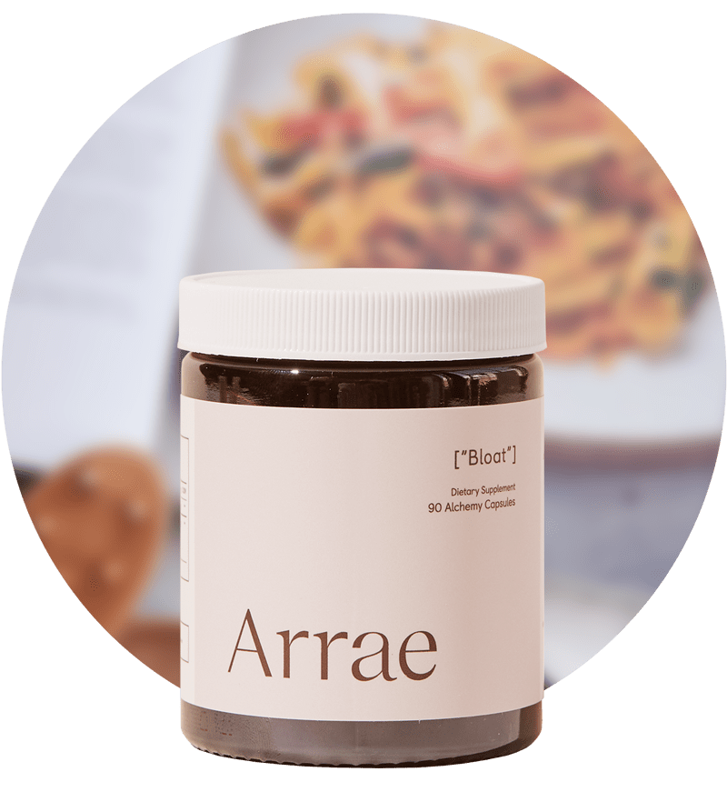 Arrae Bloat Supplement - A bottle of 90 capsules with natural ingredients, designed to support digestive health and reduce bloating.