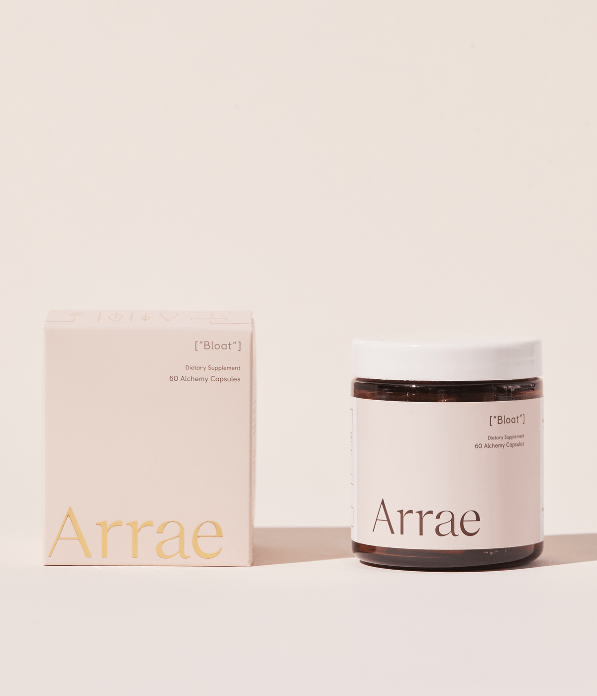 Arrae Bloat Supplement, jar &amp; box - A bottle of 60 capsules with natural ingredients, designed to support digestive health and reduce bloating.