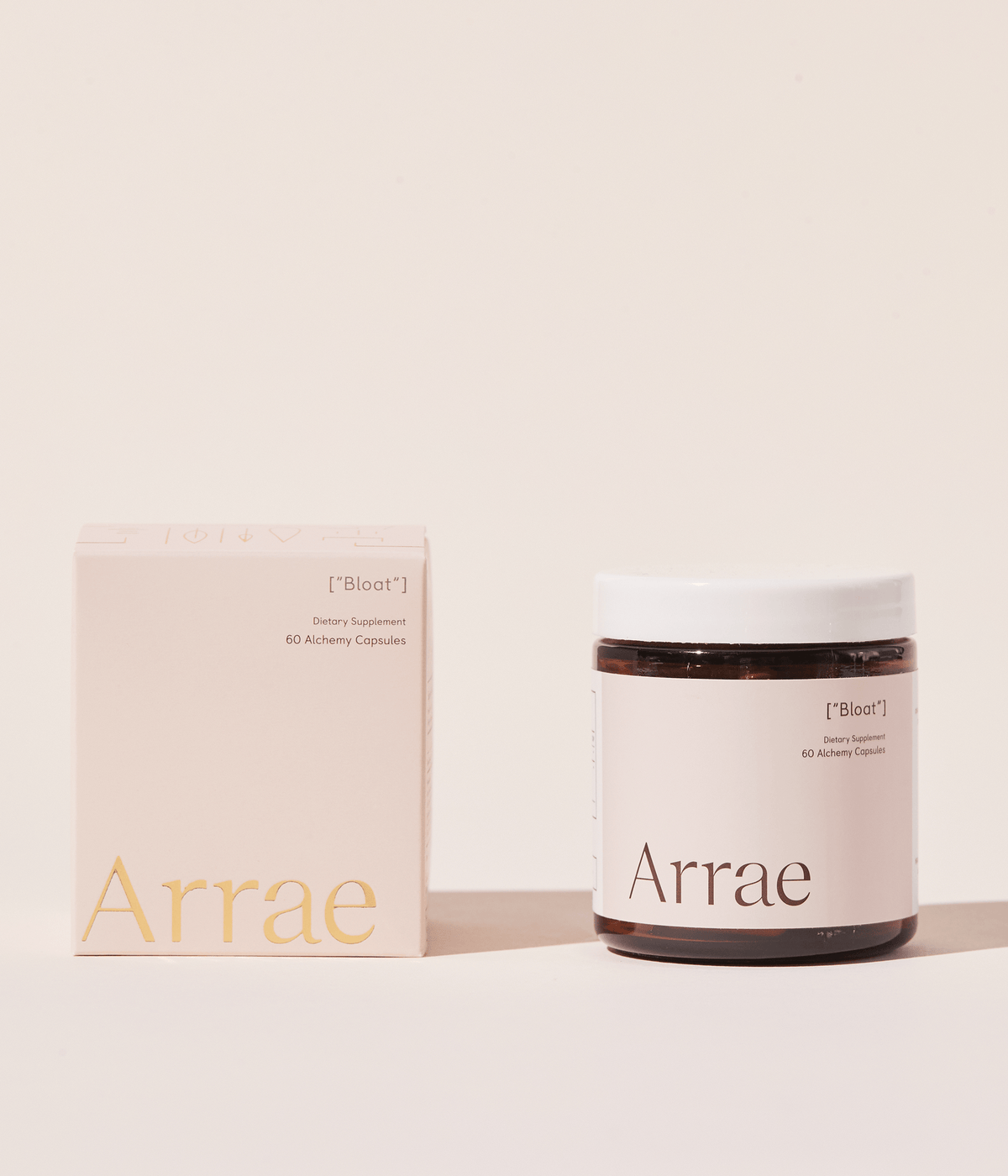 




Arrae Bloat Supplement, jar & box - A bottle of 60 capsules with natural ingredients, designed to support digestive health and reduce bloating.