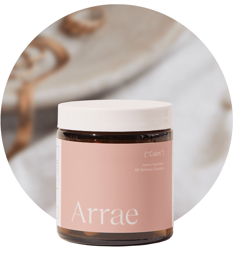 Arrae Calm Supplement - A bottle of 60 capsules featuring a blend of natural ingredients, formulated to promote relaxation and reduce stress and anxiety