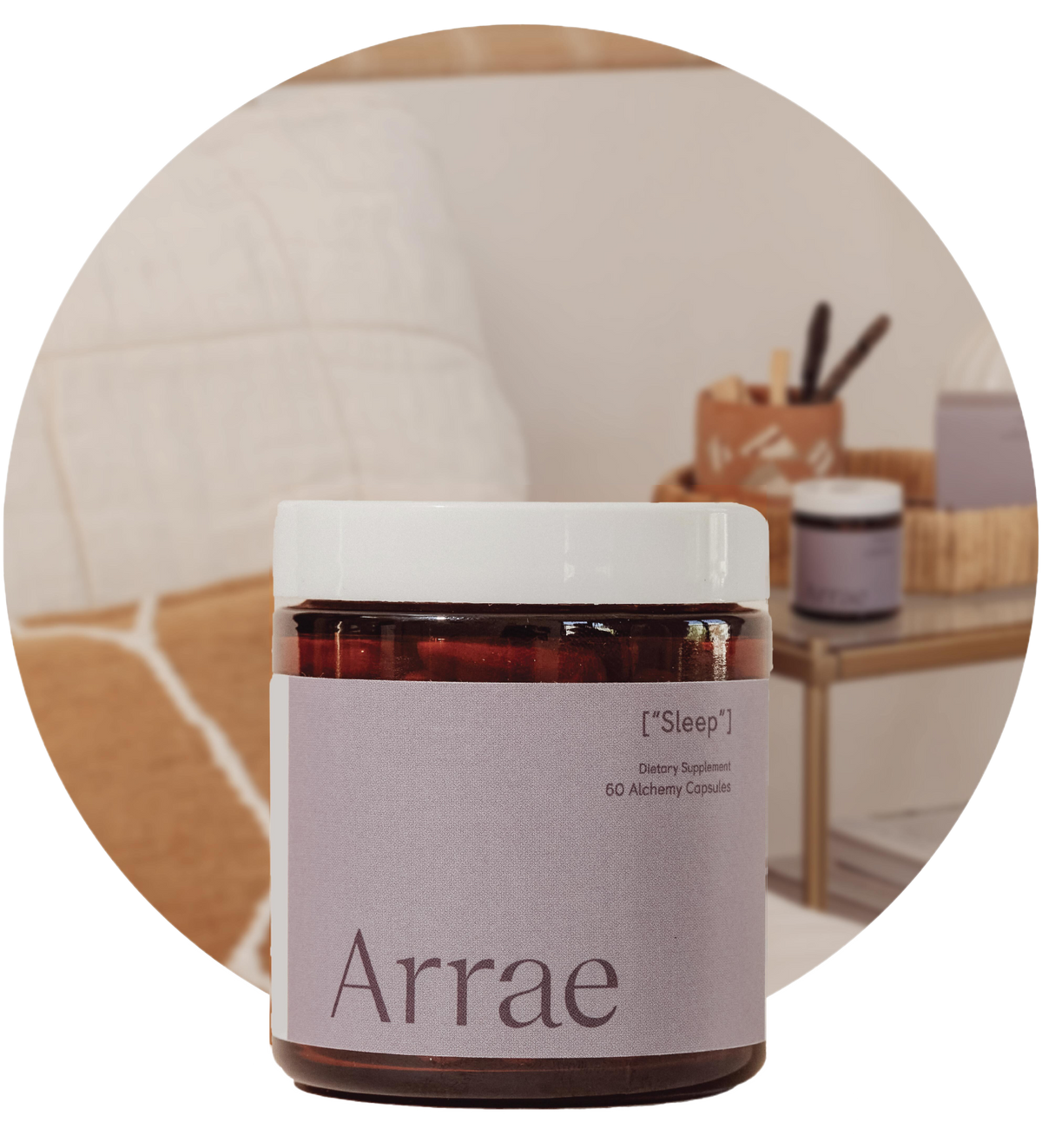 Arrae Sleep Supplement - A bottle of 60 capsules featuring a blend of natural ingredients, designed to promote restful sleep and relaxation without melatonin.